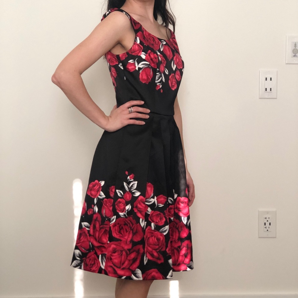 Sleeveless Satin Rose Print Fit & Flare Dress